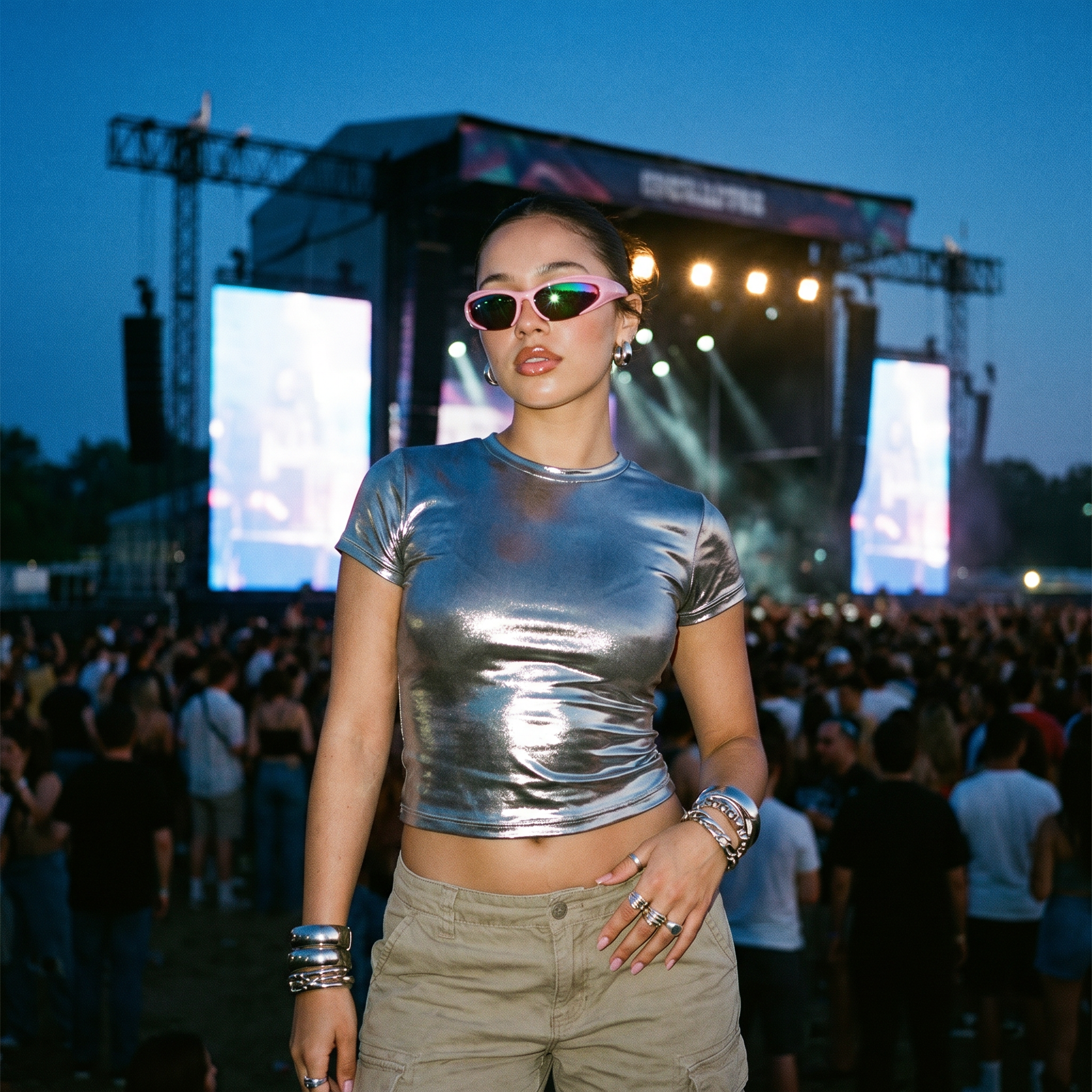 Y2K Speed Wrap sunglasses in pink mirror worn at a festival main stage at blue hour