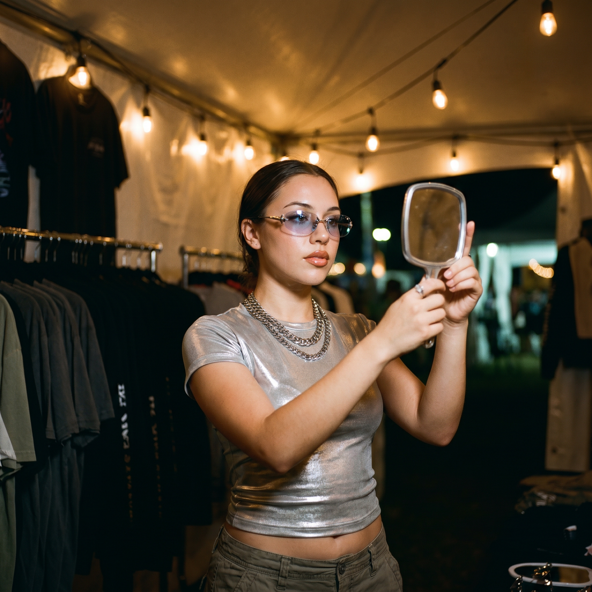 Y2K lane - Chrome Star oval sunglasses in festival merch tent