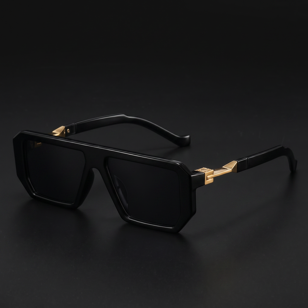 Bold square sunglasses in black with gold accents — Swervy hip-hop shades