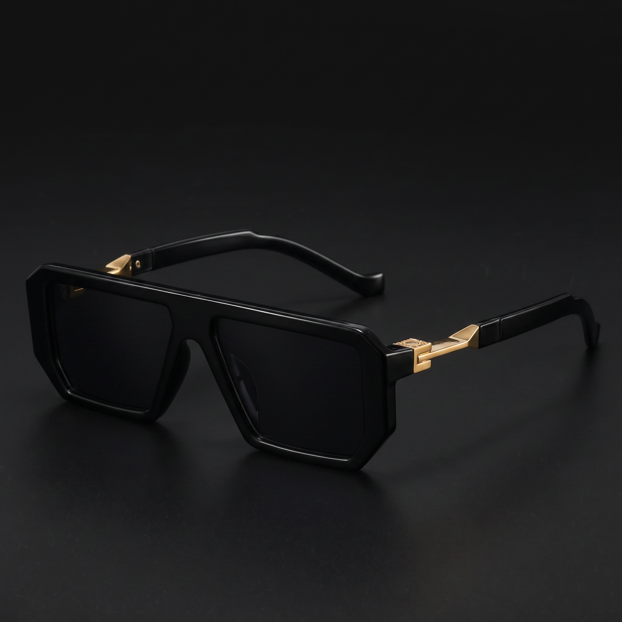 Bold square sunglasses in black with gold accents — Swervy hip-hop shades