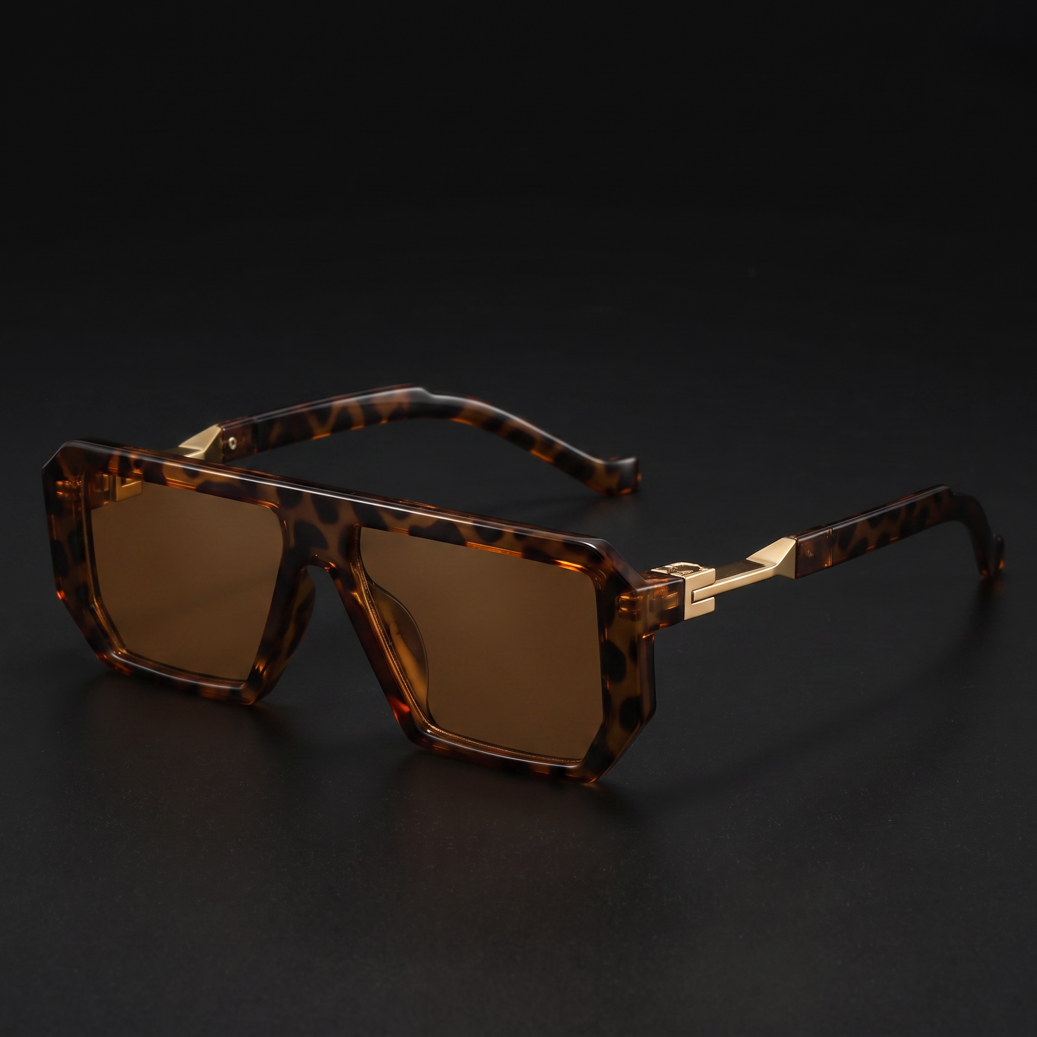 Bold square sunglasses in leopard tortoiseshell with gold accents — Swervy hip-hop shades