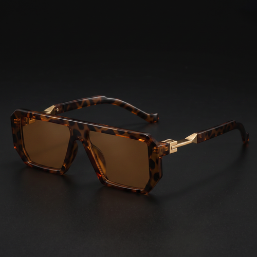 Bold square sunglasses in leopard tortoiseshell with gold accents — Swervy hip-hop shades