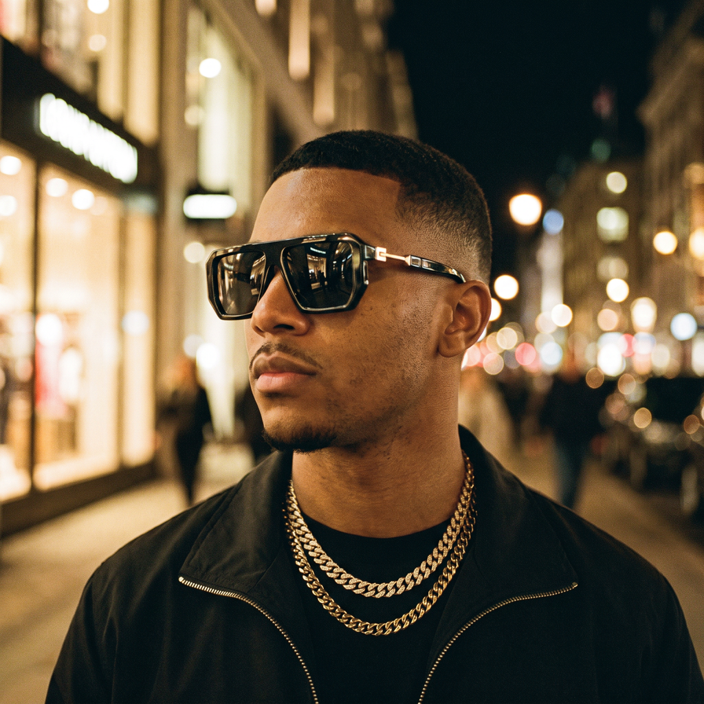 Man wearing bold black square sunglasses with gold chains on a night street — Swervy