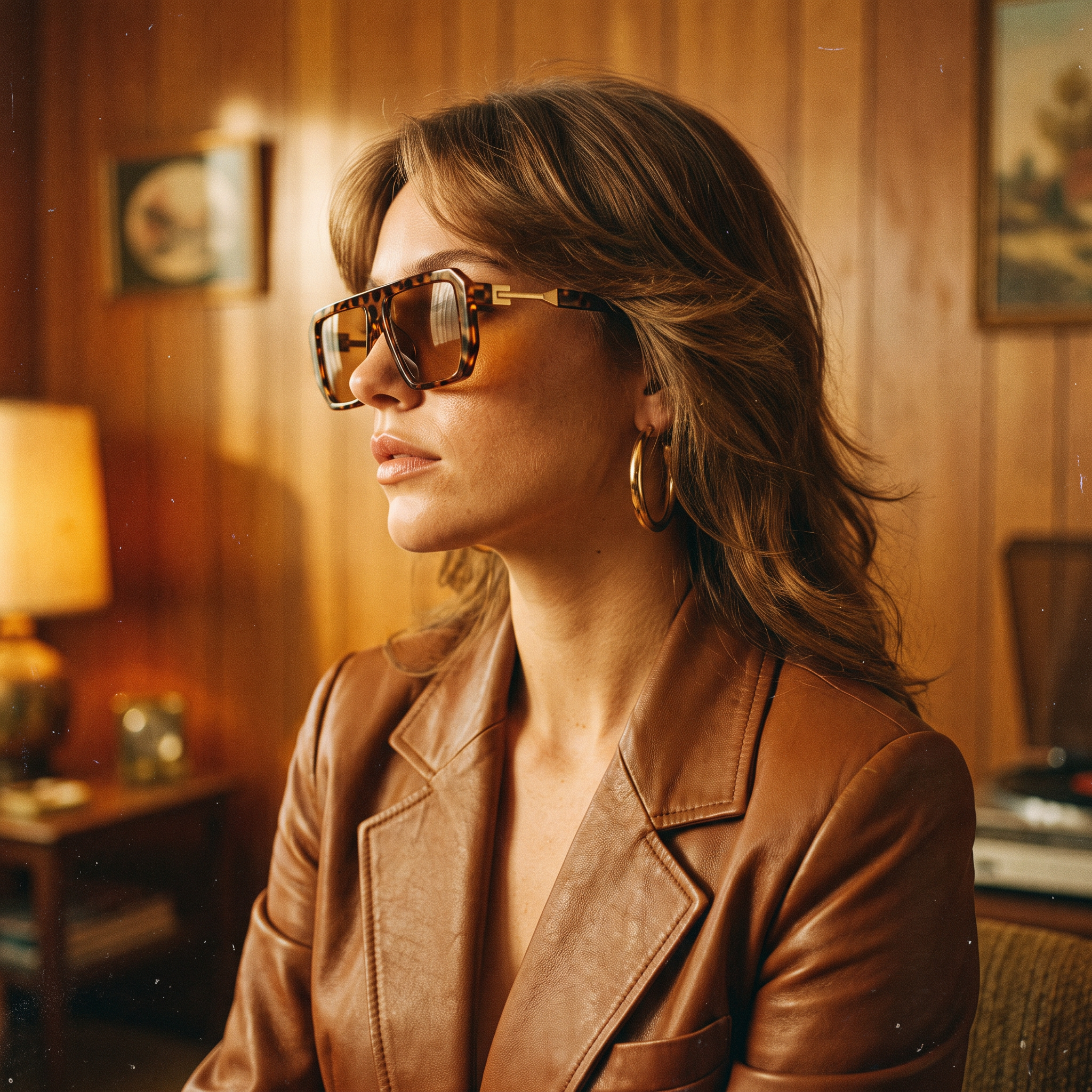 Woman wearing bold leopard square sunglasses in a retro interior — Swervy
