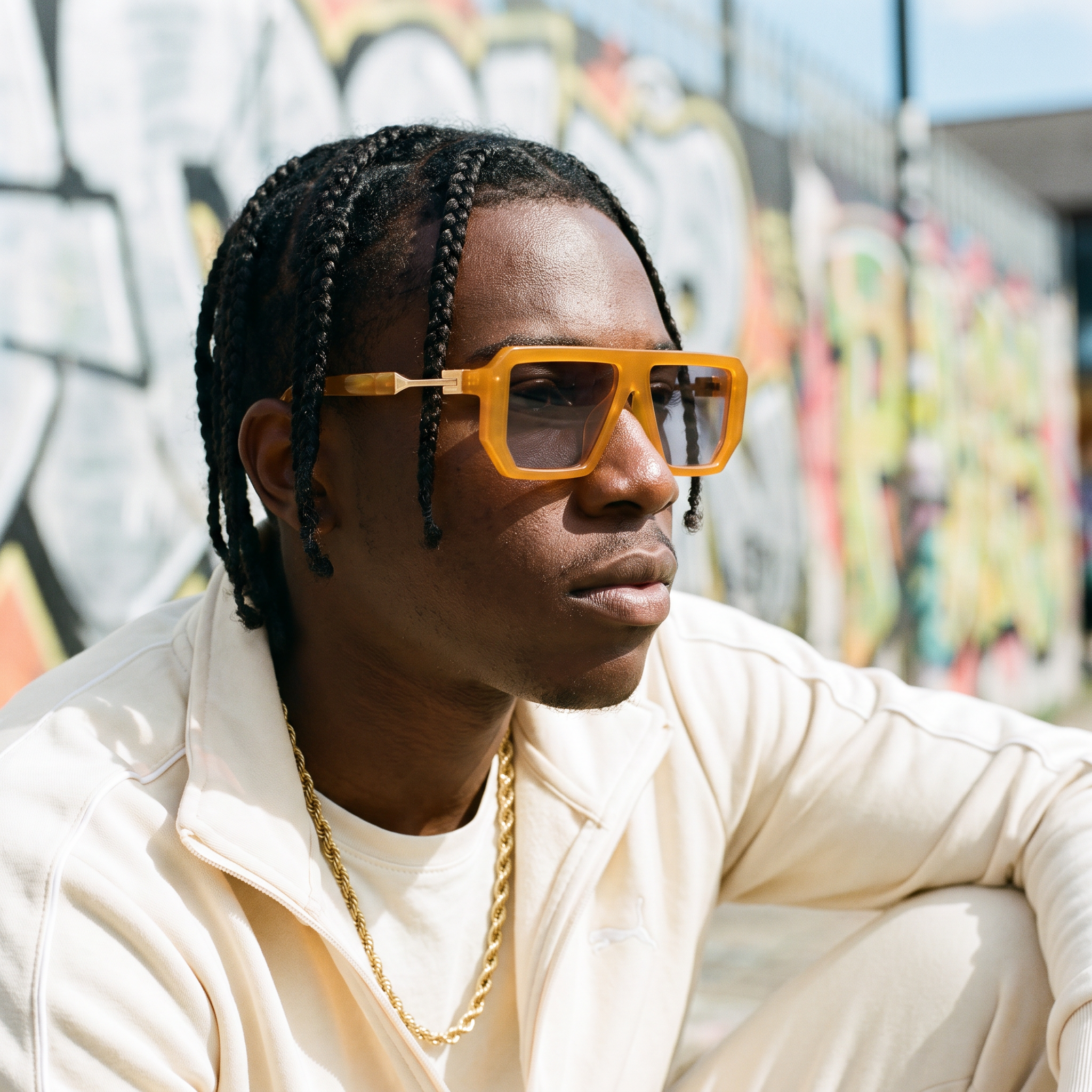 Man wearing bold orange square sunglasses at a graffiti wall — Swervy hip-hop shades