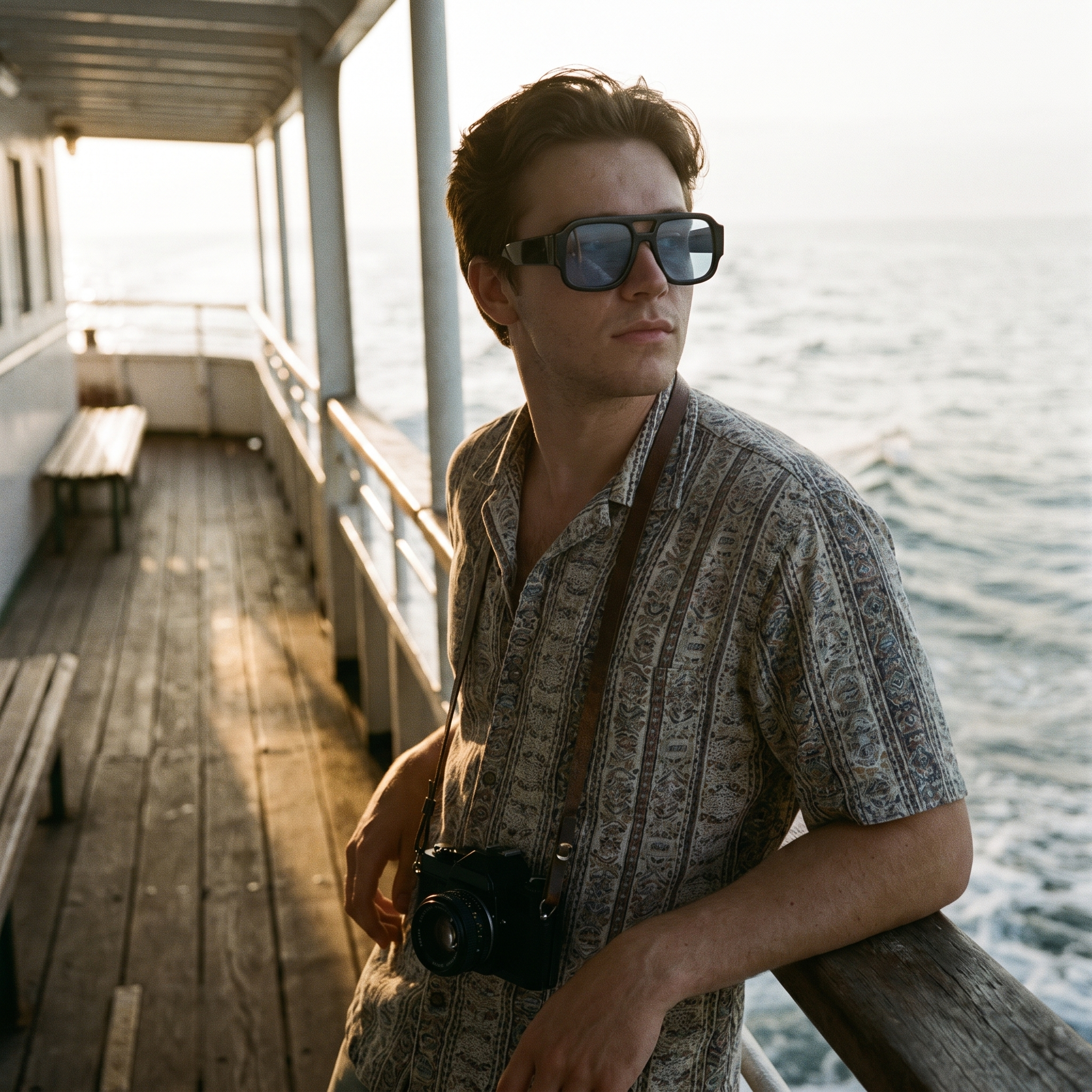 Model wearing candy black blue retro double-bridge sunglasses on a ferry deck at golden hour