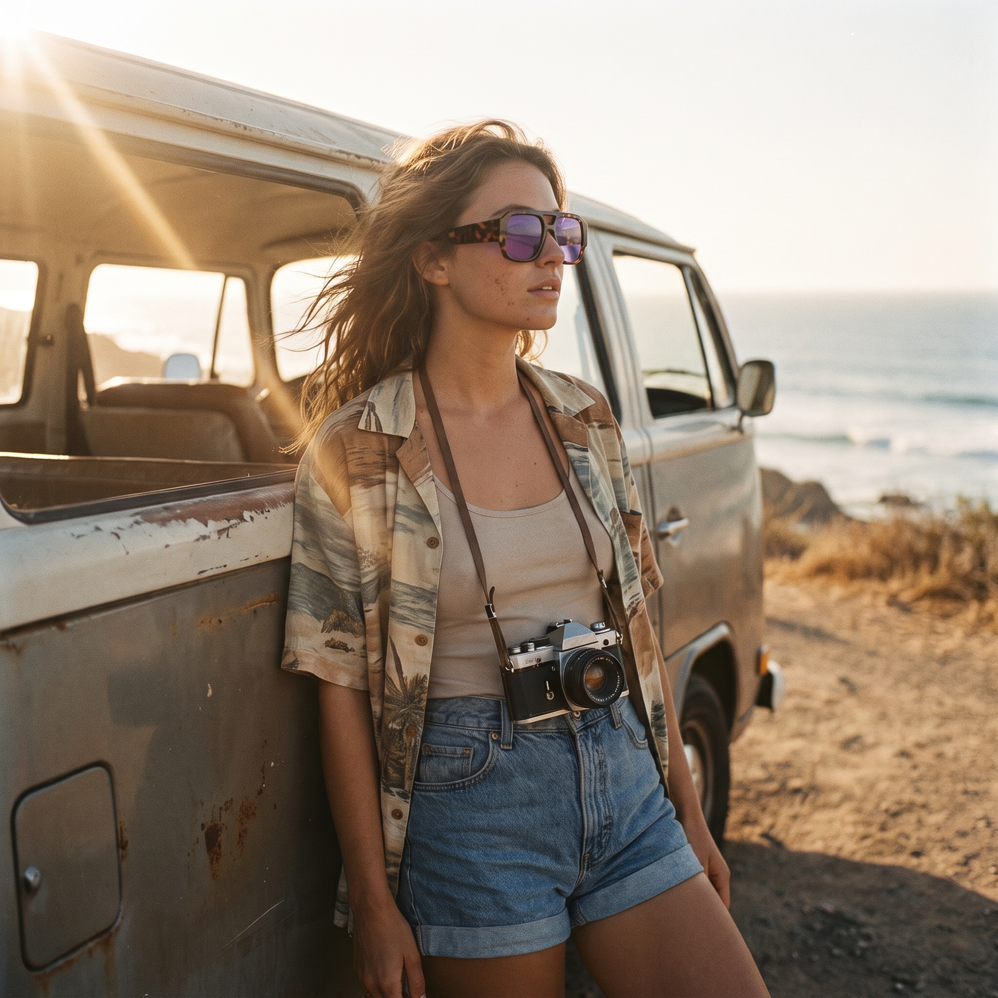 Model in retro travel style wearing candy demi purple double-bridge sunglasses by a vintage surf van