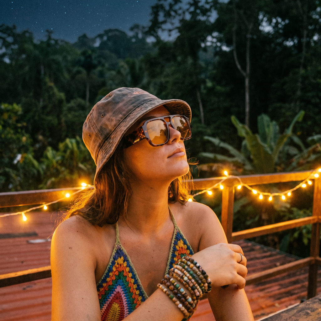 Model wearing candy demi yellow retro double-bridge sunglasses on a jungle rooftop at night
