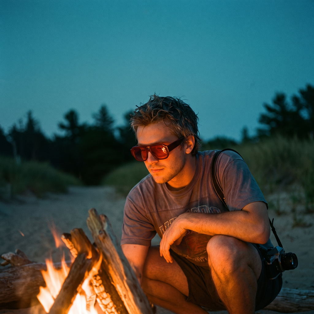 Model wearing candy red retro double-bridge sunglasses at a beach bonfire at dusk