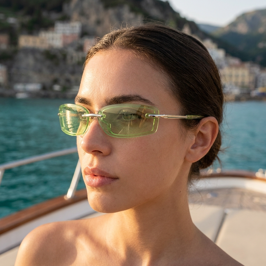 Swervy Vision Y2K rimless sunglasses - luxury travel lifestyle