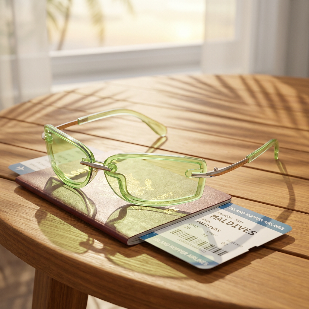 Swervy Vision Y2K rimless sunglasses - travel flat lay