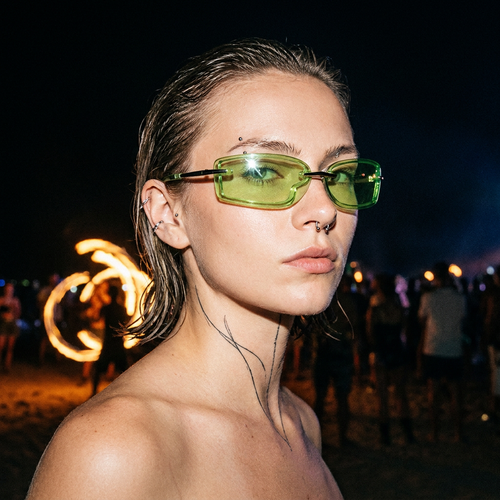 Swervy Vision Y2K Rimless Shades - night flash editorial hero