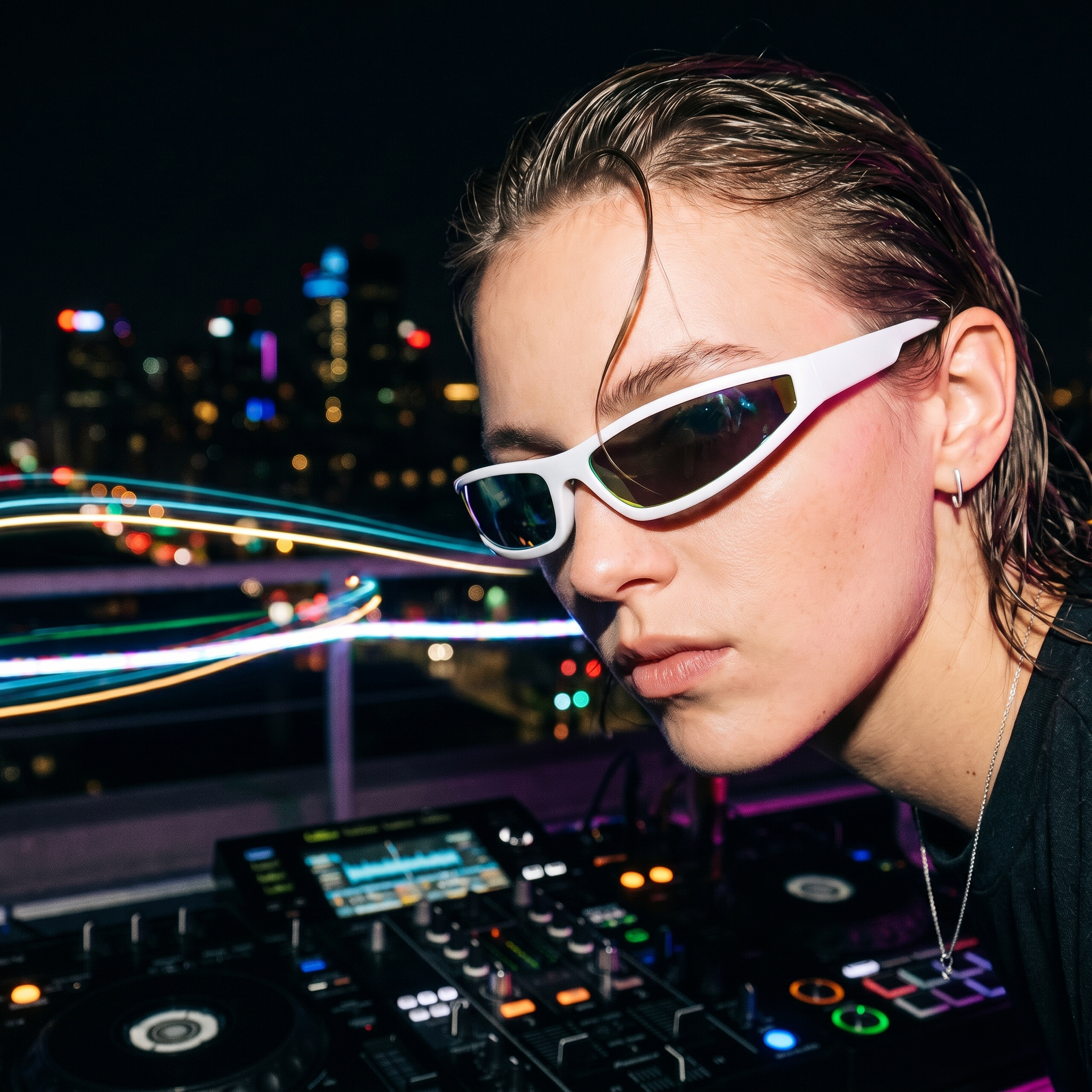 Model wearing Narrow Rectangle Y2K punk wrap sunglasses at a neon rooftop DJ set