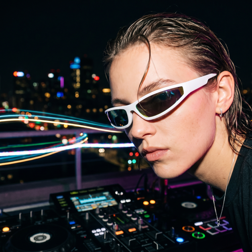 Model wearing Narrow Rectangle Y2K punk wrap sunglasses at a neon rooftop DJ set