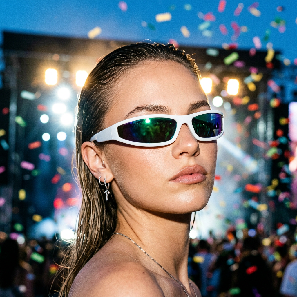 Woman wearing narrow rectangle Y2K sunglasses at a festival main stage at blue hour
