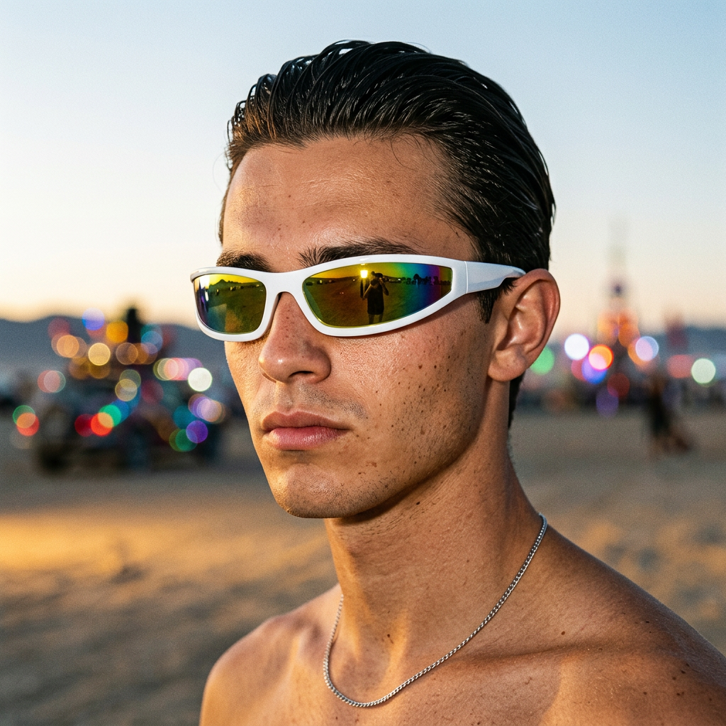 Man wearing narrow rectangle Y2K punk wrap sunglasses at a desert rave at dawn