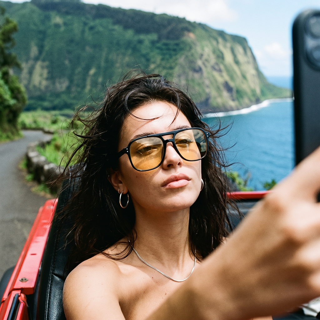 Woman wearing vintage square sport sunglasses in an open-top Jeep on the Road to Hana