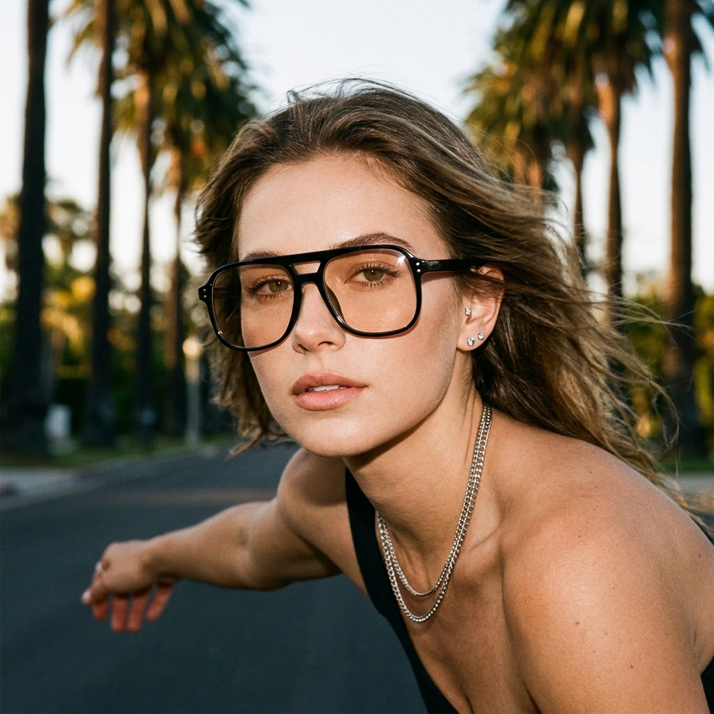 Woman wearing vintage square sport sunglasses longboarding down a palm-lined boulevard