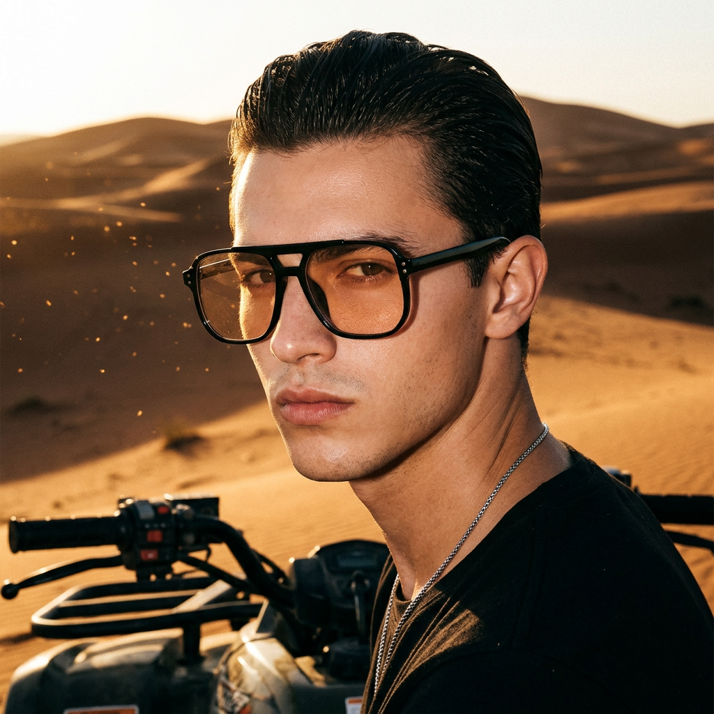 Man wearing vintage square sport sunglasses on a quad bike in Sahara dunes at sunset