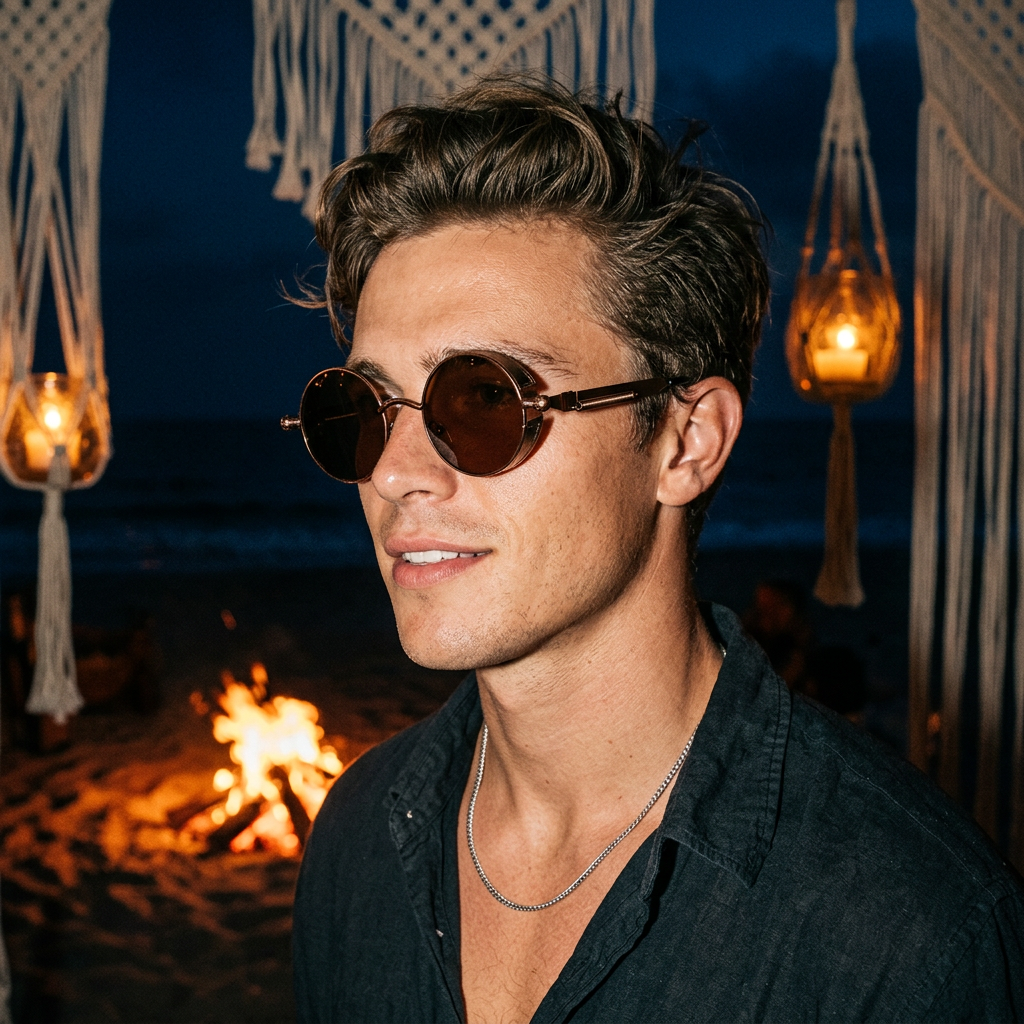 Man wearing round steampunk sunglasses at a beach bonfire with lanterns