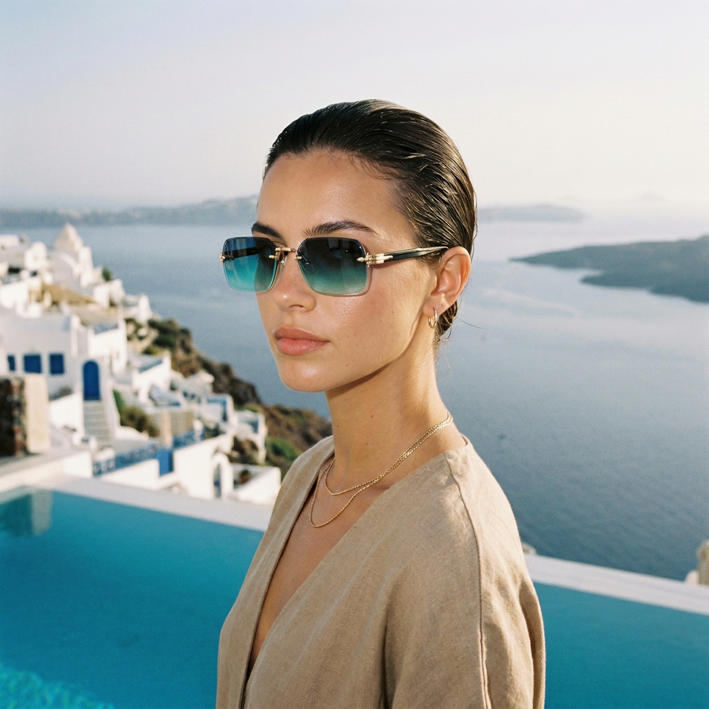 Woman wearing rimless gradient sunglasses at an infinity pool over the caldera