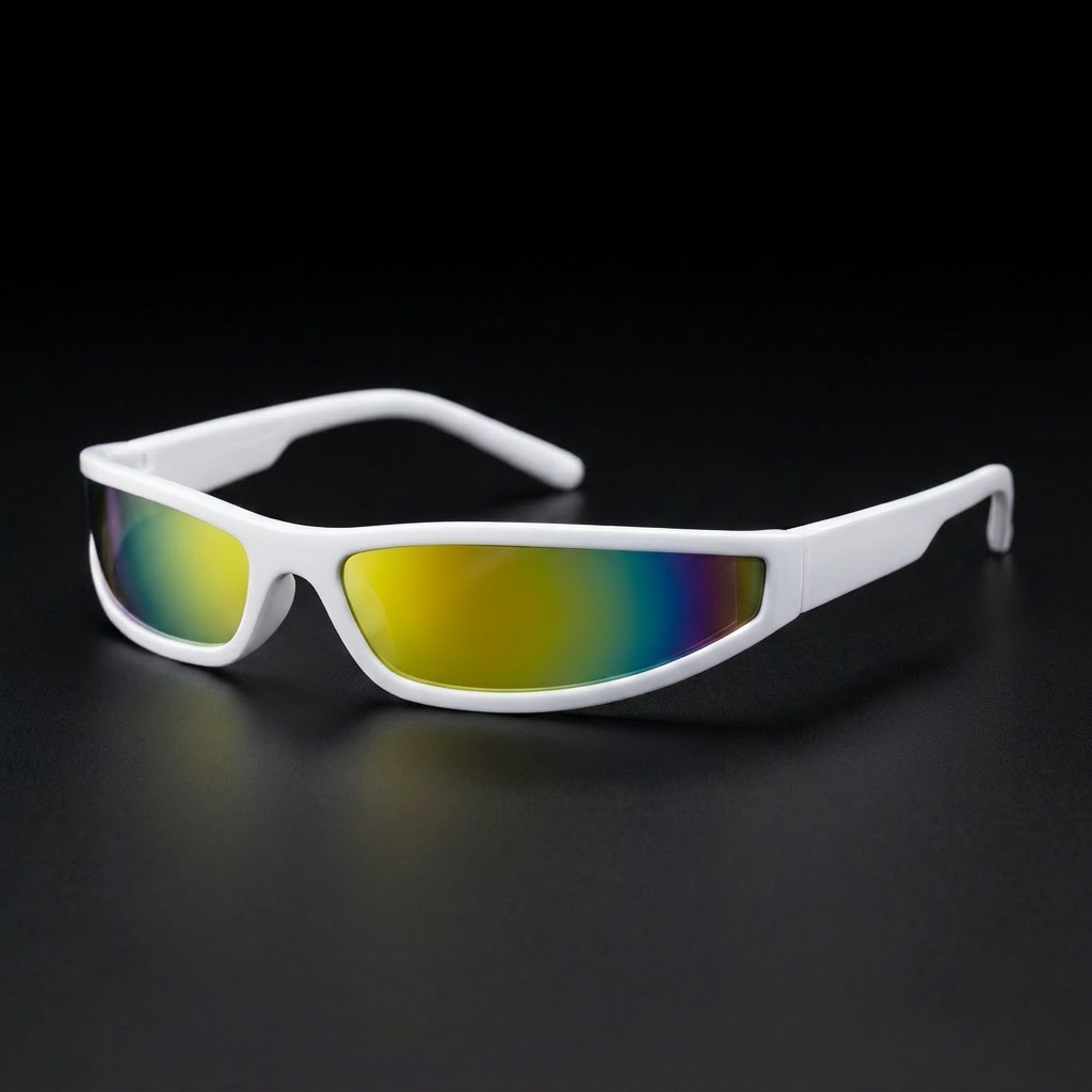 Narrow Rectangle Y2K sunglasses in White colorway studio close-up