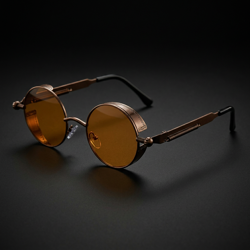 Round steampunk sunglasses in Tea colorway studio close-up