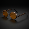Round steampunk sunglasses in Tea colorway studio close-up