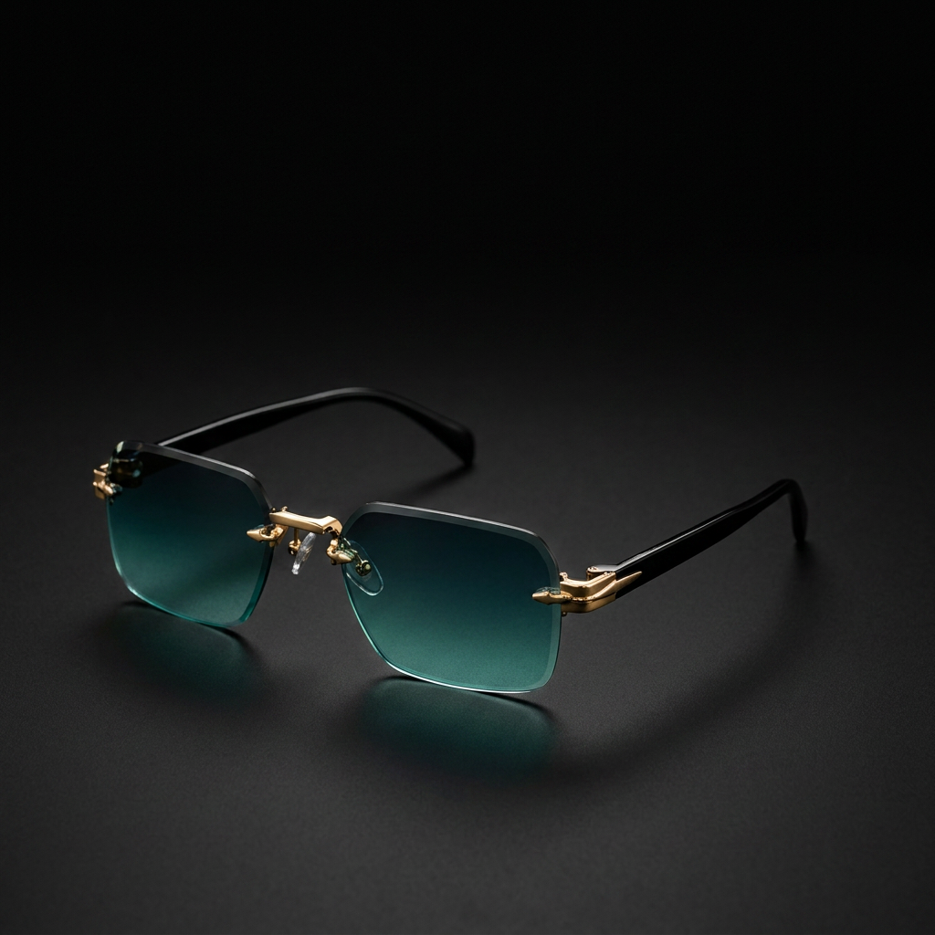 Rimless gradient sunglasses in Gold Green studio close-up
