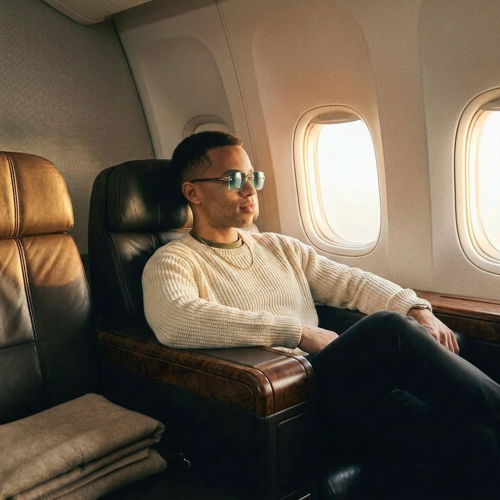 Man wearing rimless gradient sunglasses in an airplane window seat at sunset