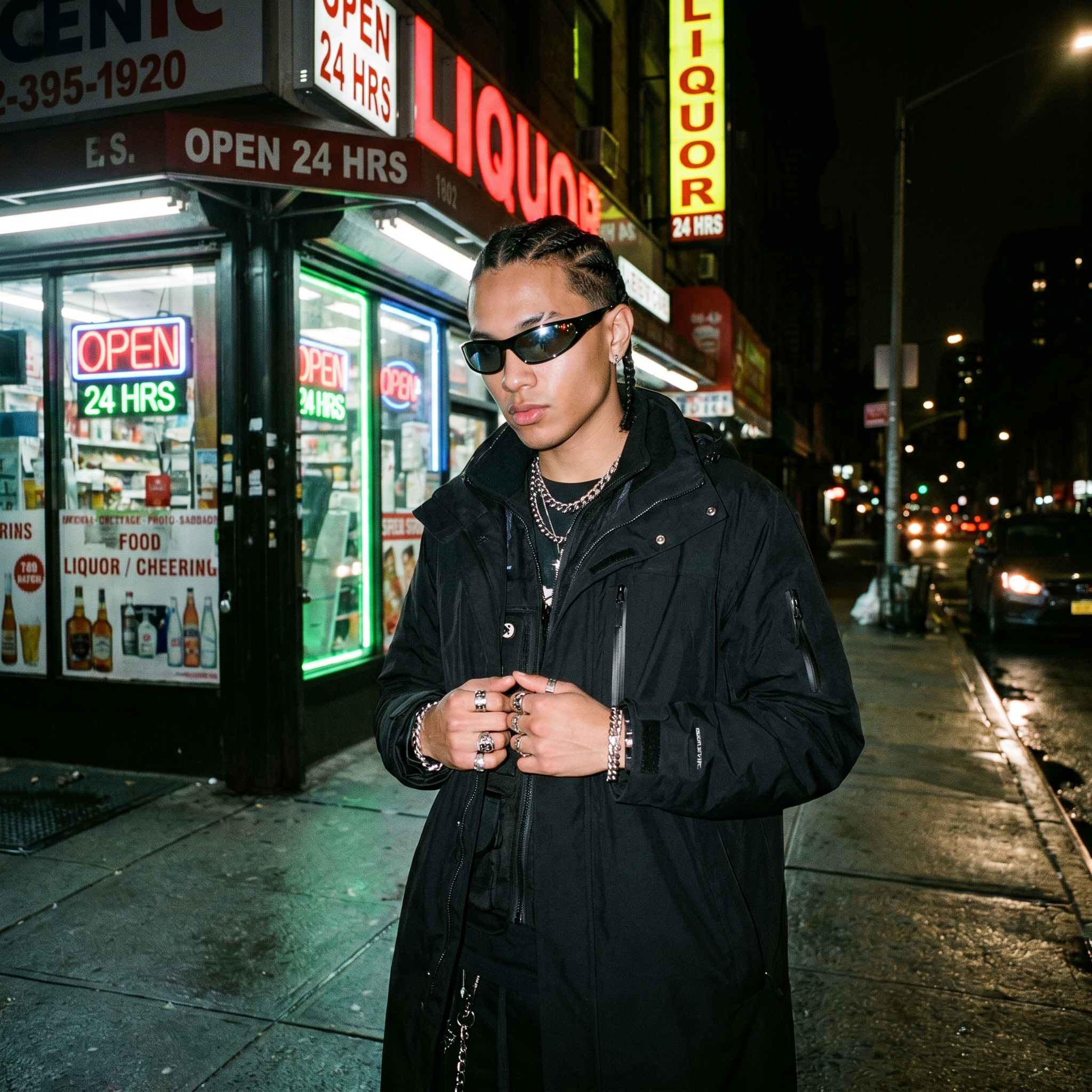 Model wearing Narrow Rectangle Y2K punk wrap sunglasses outside a neon corner store at 2am