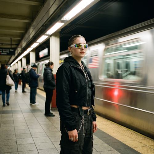 Woman wearing Narrow Rectangle Y2K punk wrap sunglasses in white on a subway platform at night