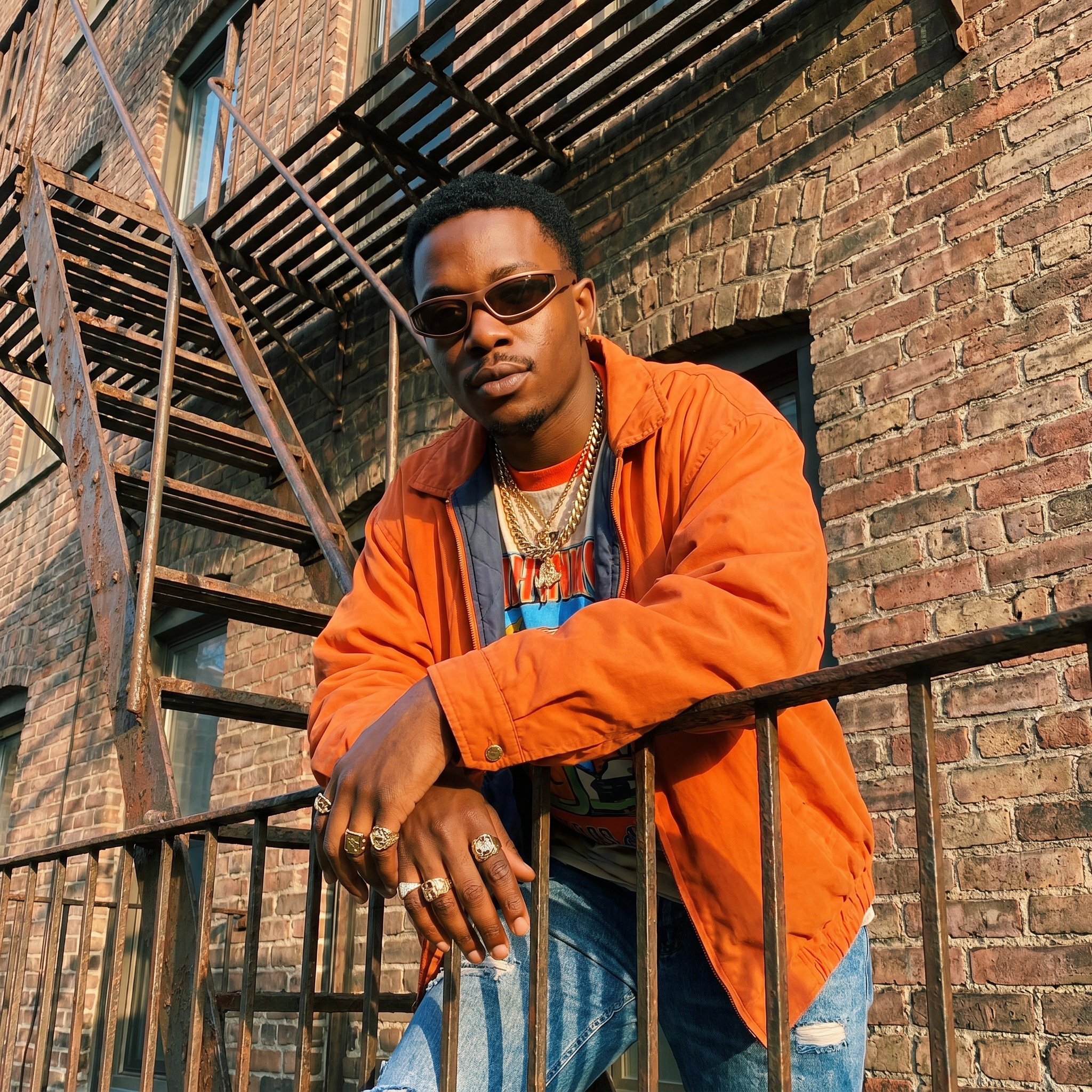 Man wearing Narrow Rectangle Y2K punk wrap sunglasses in coffee on a fire escape in warm golden light