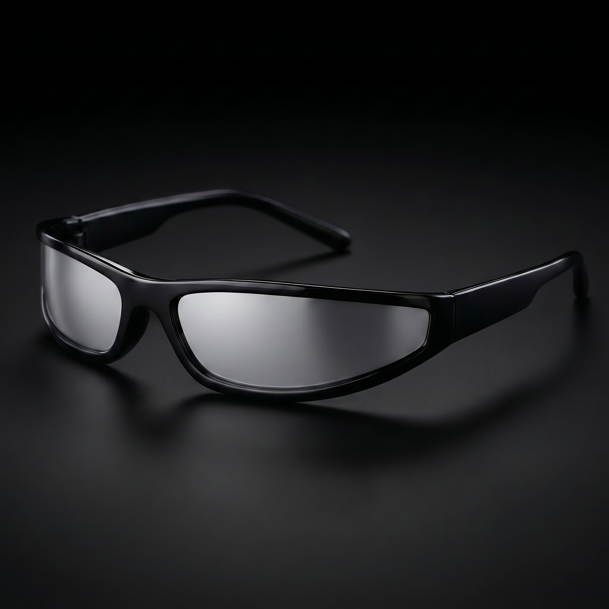 Narrow Rectangle Y2K sunglasses in Black/Silver colorway, black studio close-up, three-quarter view facing left