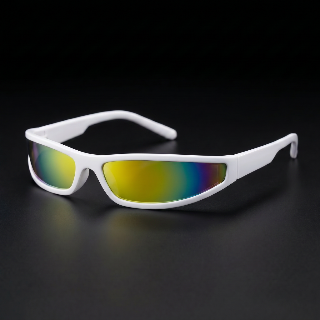 Narrow Rectangle Y2K sunglasses in White colorway, black studio close-up, three-quarter view facing left