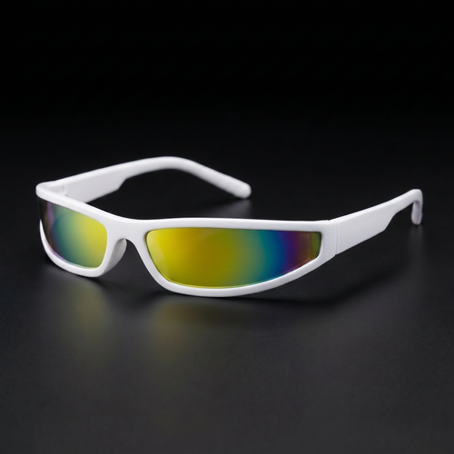 Narrow Rectangle Y2K sunglasses in White colorway, black studio close-up, three-quarter view facing left