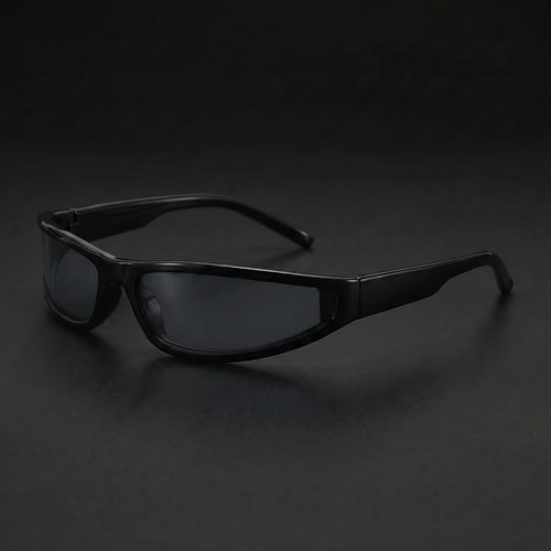 Narrow Rectangle Y2K sunglasses in Black/Grey colorway, black studio close-up, three-quarter view facing left