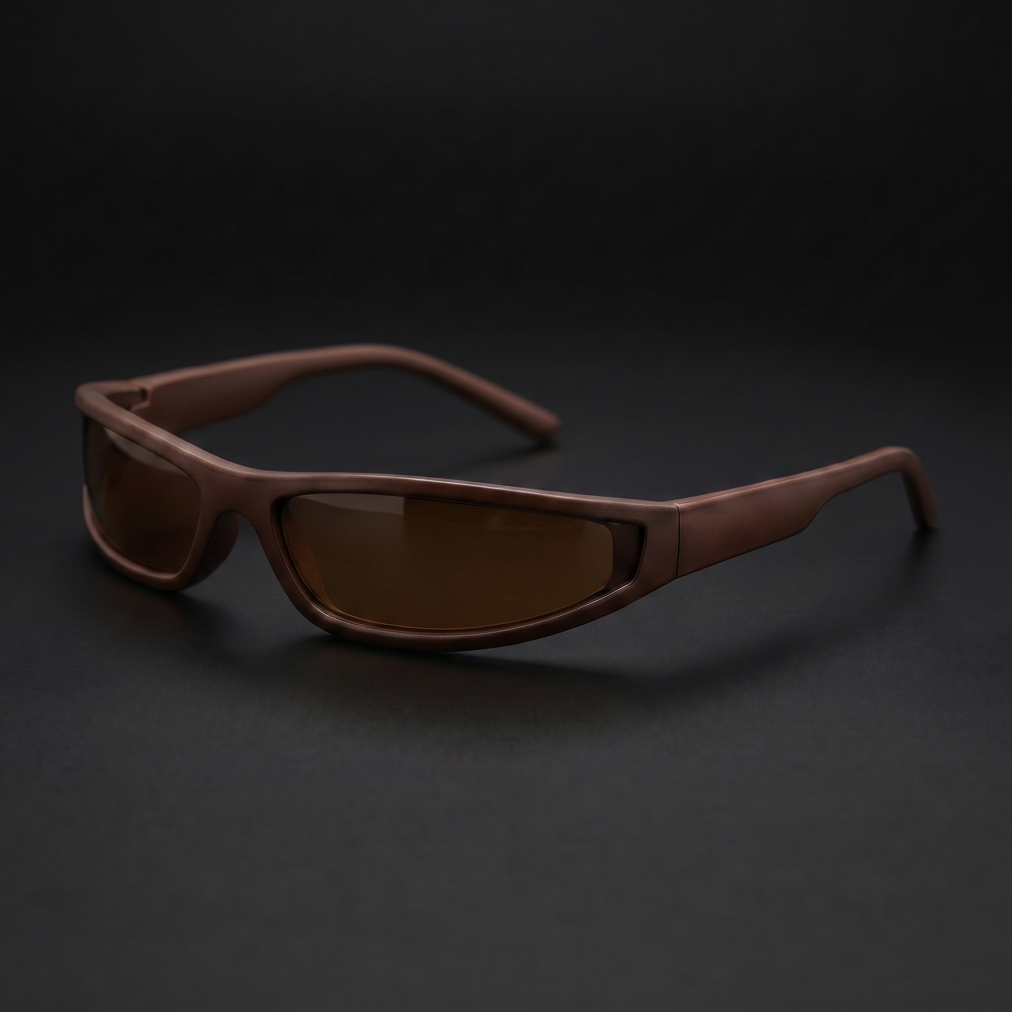Narrow Rectangle Y2K sunglasses in Coffee colorway, black studio close-up, three-quarter view facing left