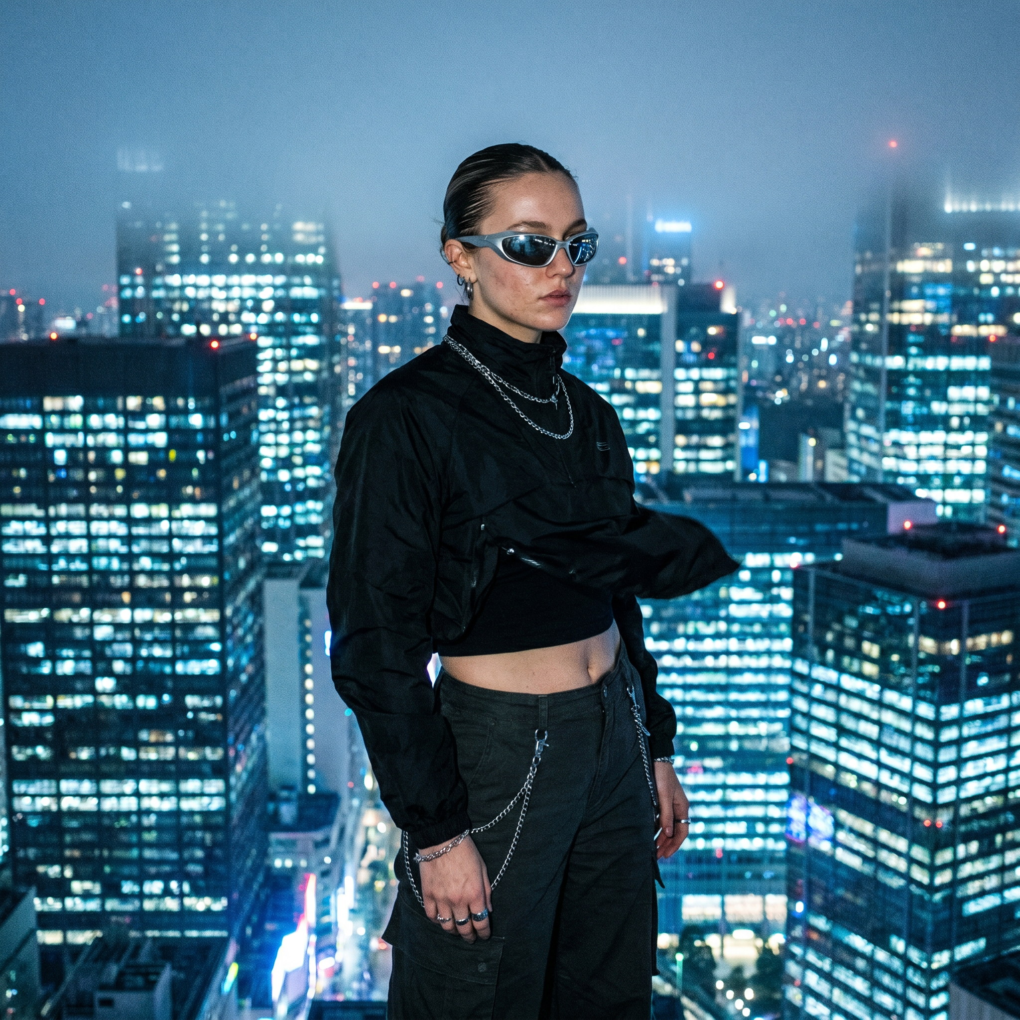 Future Wrap Y2K sunglasses in silver mirror worn on a city rooftop at night