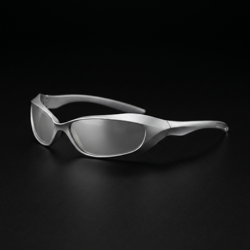 Future Wrap Y2K sunglasses silver colorway studio close-up