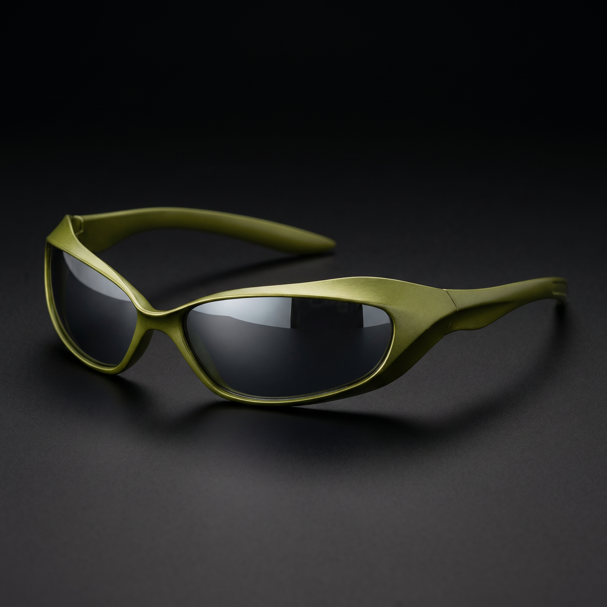 Future Wrap Y2K sunglasses olive colorway studio close-up