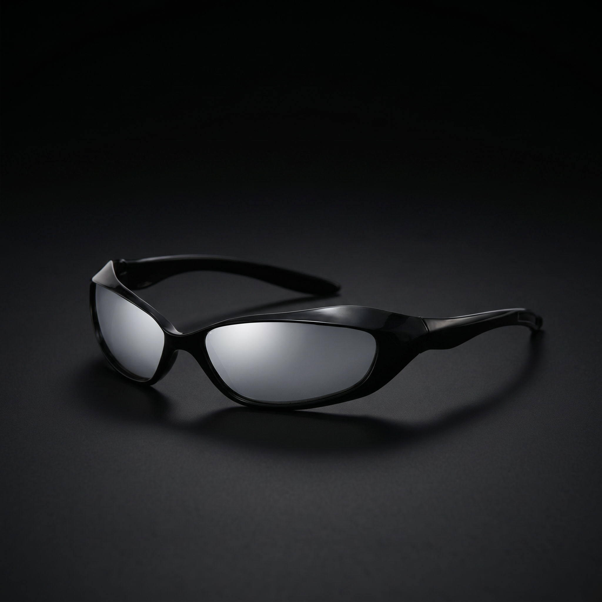Future Wrap Y2K sunglasses black and silver mirror colorway studio close-up