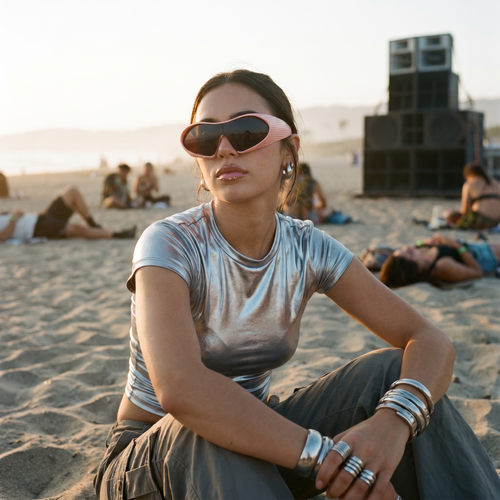 Alien Wrap Shield sunglasses in pink worn at a sunrise festival afterparty