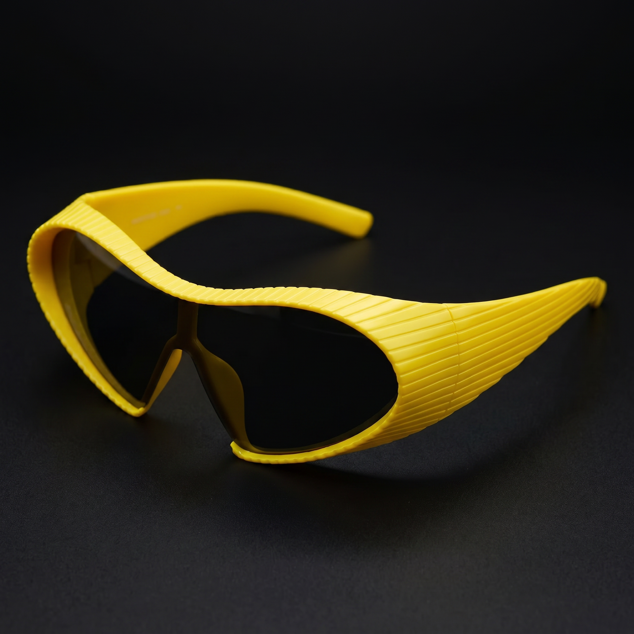 Alien Wrap Shield sunglasses yellow colorway studio close-up