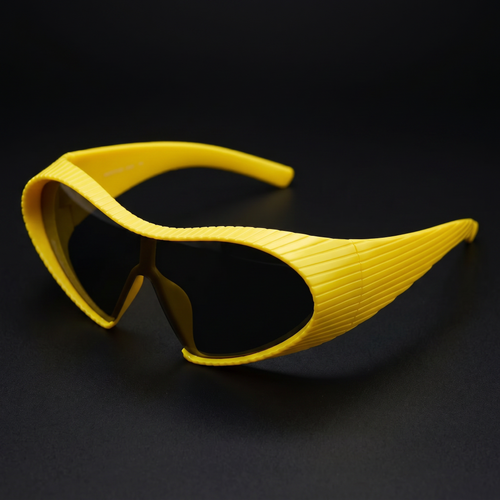Alien Wrap Shield sunglasses yellow colorway studio close-up