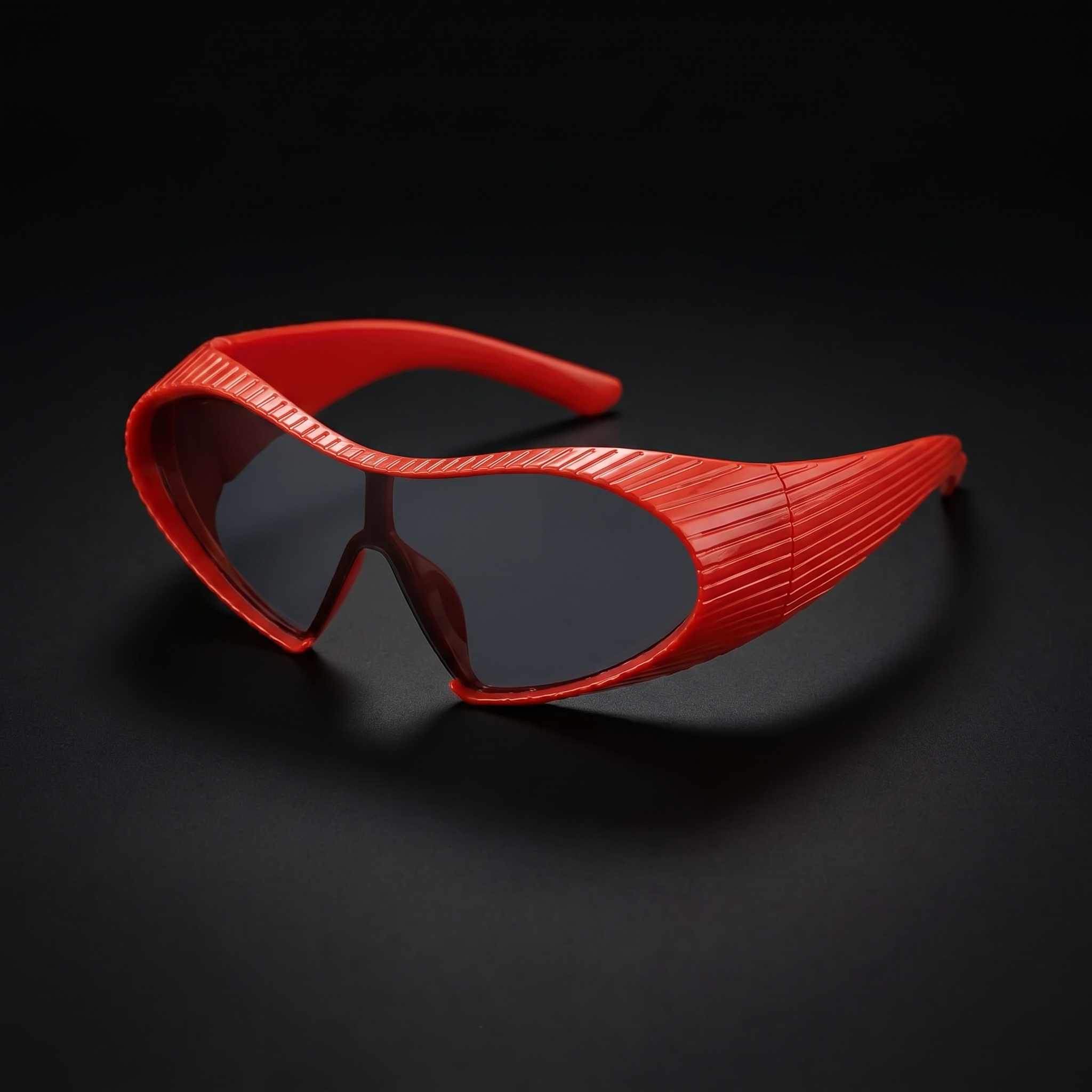 Alien Wrap Shield sunglasses red colorway studio close-up