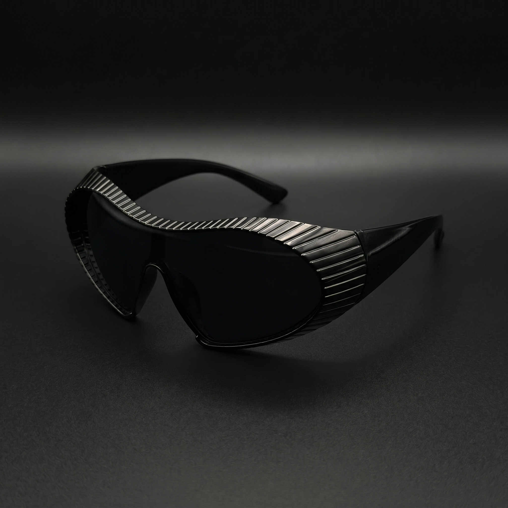 Alien Wrap Shield sunglasses black colorway studio close-up