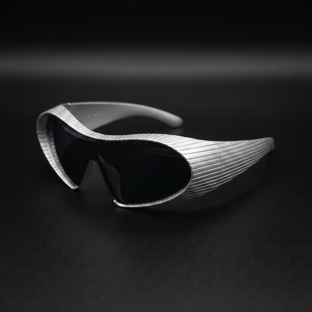 Alien Wrap Shield sunglasses silver colorway studio close-up
