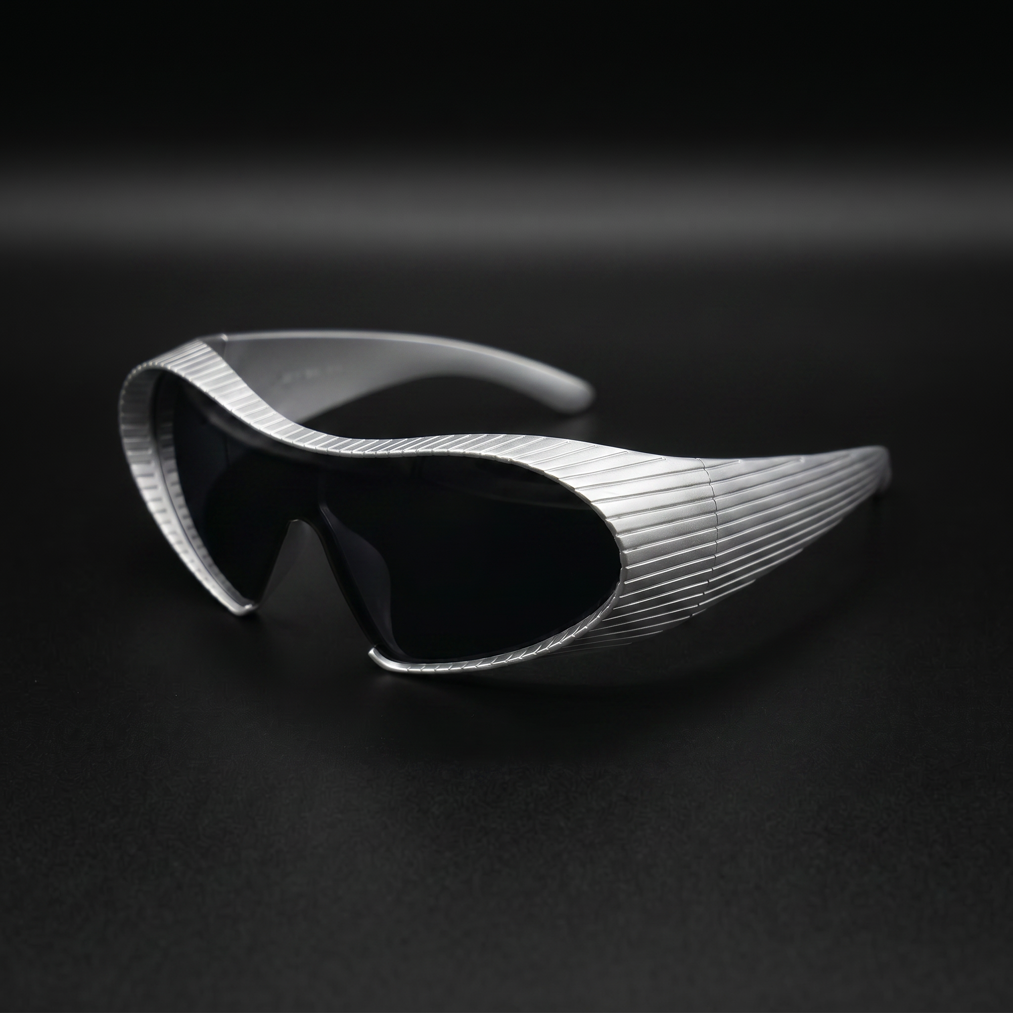 Alien Wrap Shield sunglasses silver colorway studio close-up