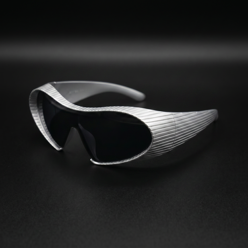 Alien Wrap Shield sunglasses silver colorway studio close-up